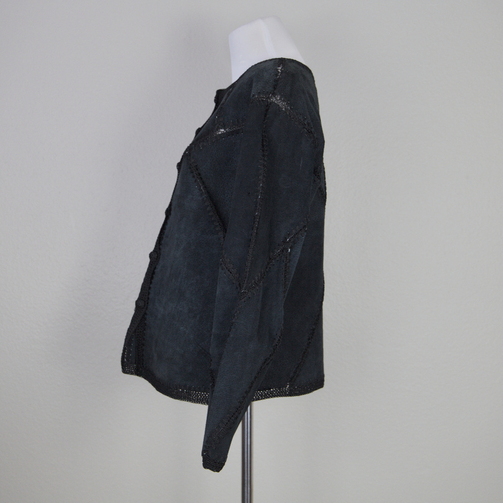 Leather Suede Patchwork Jacket Crochet Knit - image 4